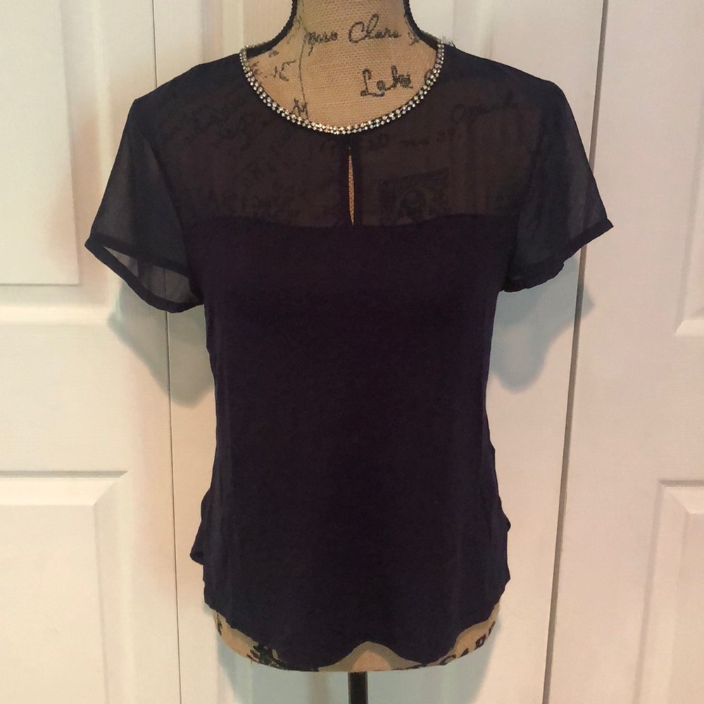 Navy rhinestone neck blouse